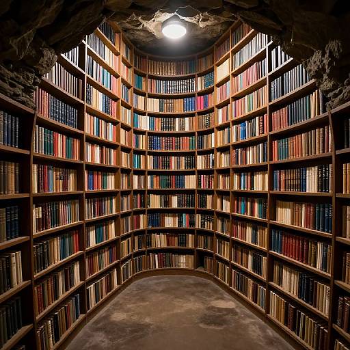 Photograph of a curved, circular library with wooden shelves filled with colorful, vertically aligned books, illuminated by a central light.