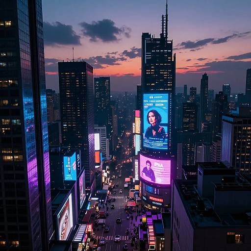 Photograph of a bustling cityscape at dusk, featuring illuminated skyscrapers with colorful neon signs, a vibrant sunset sky, and crowded streets below.