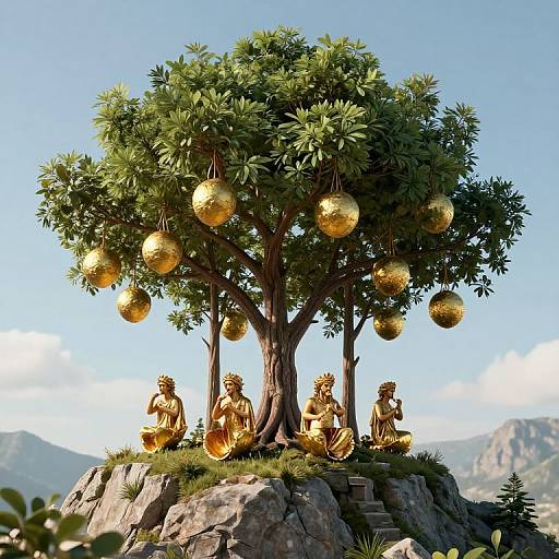 Photorealistic CGI image of golden statues sitting around a tree with glittering gold ornaments, on a rocky hillside, clear blue sky background.