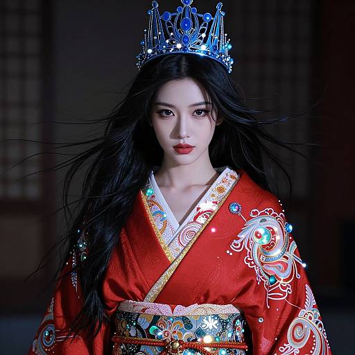 Elegant Woman in Glowing Kimono and Crown