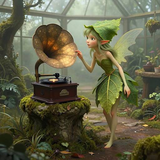 Digital fantasy artwork of a green fairy with delicate wings, leaf dress, and hat, listening to a vintage gramophone in a mossy, forest greenhouse