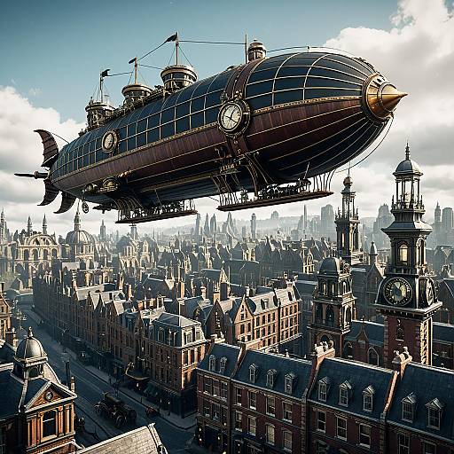 Steampunk Airship Over Victorian City