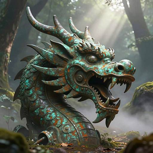 Photorealistic CGI of a fierce, turquoise-green, dragon head with sharp horns and scales, roaring amidst a misty forest with sunlight filtering through trees