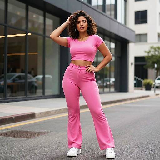 Photograph of a curly-haired woman in pink crop top and high-waisted pants, standing confidently on a city street, hand in hair, white