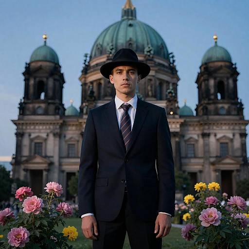 Serious Man Against Flower Bloom