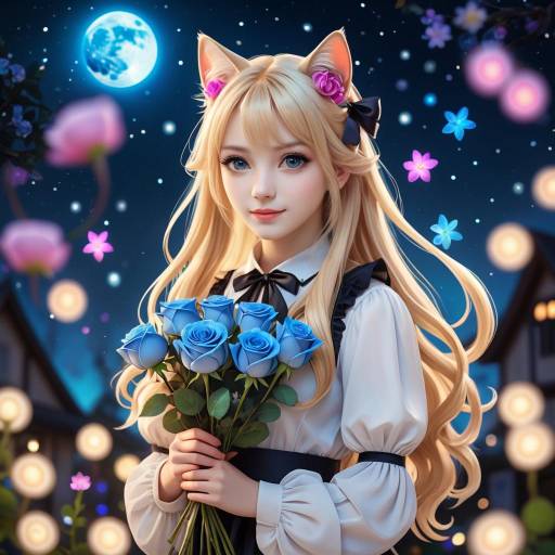 Anime Girl with Cat Ears Holding Blue Roses at Night