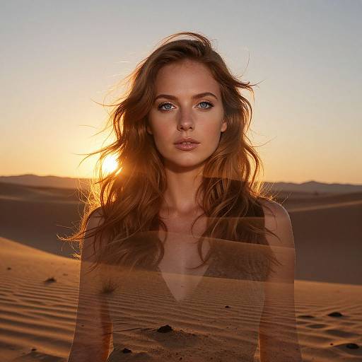 Photograph of a beautiful woman with long, wavy brown hair and blue eyes, standing in a desert at sunset, with sand dunes and a