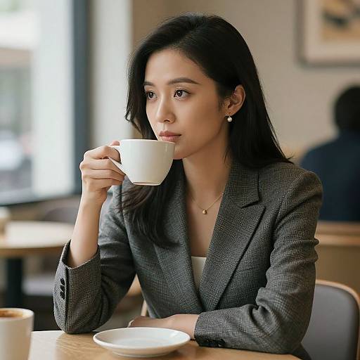 Photograph of an Asian woman with long black hair, wearing a gray blazer, drinking from a white cup in a cozy café.