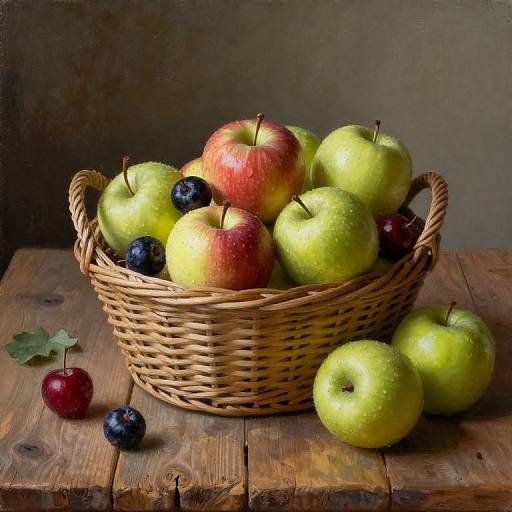 Photograph of a wicker basket filled with red and green apples, black and blueberries, on a rustic wooden table.