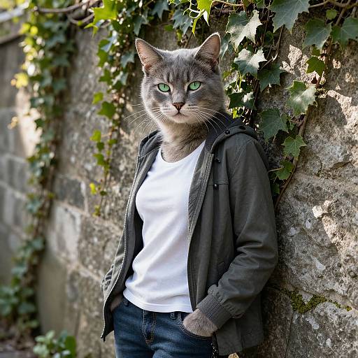 Photograph of a gray tabby cat with green eyes, wearing a black jacket and white t-shirt, leaning against a stone wall with ivy,