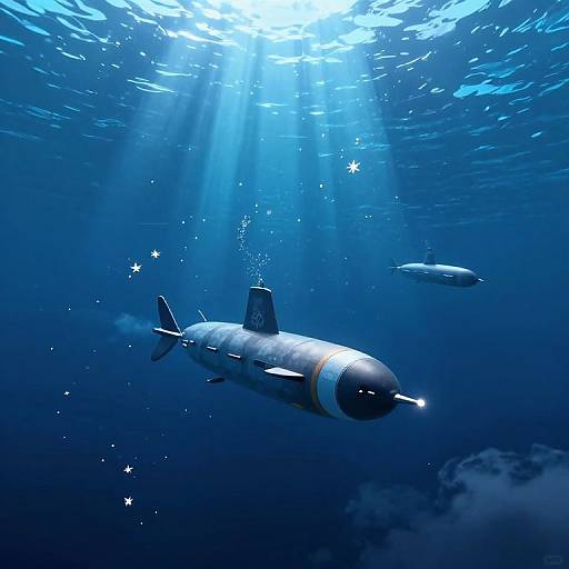 Photograph of a silver submarine with a black nose and blue stripes, descending underwater in deep blue ocean, illuminated by sunlight rays, with small fish and