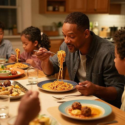 Photograph of a Black man with short hair, wearing a blue shirt, joyfully twirling spaghetti at a family dinner table.