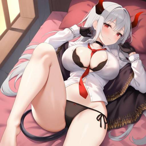 Demon Girl Lying on Bed in Seductive Pose