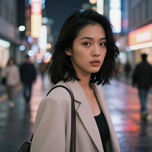 Photograph of an Asian woman with medium-length black hair, wearing a beige coat and black top, standing in a neon-lit, rainy urban street