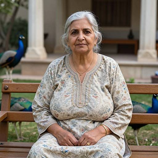 Photograph of an elderly Indian woman with white hair, wearing a floral-patterned traditional dress, sitting on a wooden bench, with a peacock in