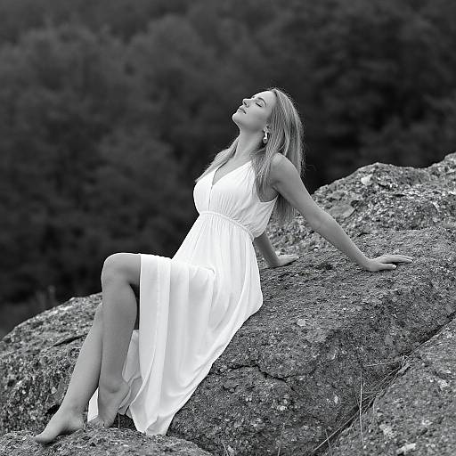 Photograph of a blonde woman in a flowing white dress, sitting on a rocky cliff, eyes closed, against a dark, forested background.
