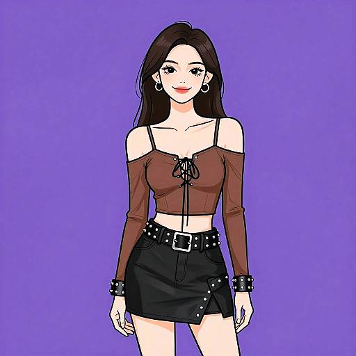 Digital anime-style drawing of a fair-skinned woman with long brown hair, wearing a brown off-shoulder top and black skirt, against a solid
