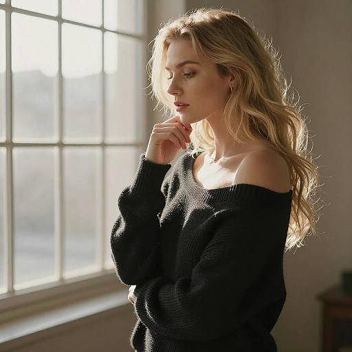 Thoughtful Blonde Woman in Sunlit Sweater