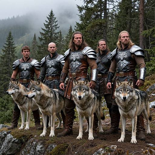 Photograph of five bearded Viking warriors in silver armor, standing in a forest with four gray wolves, misty mountains in background.