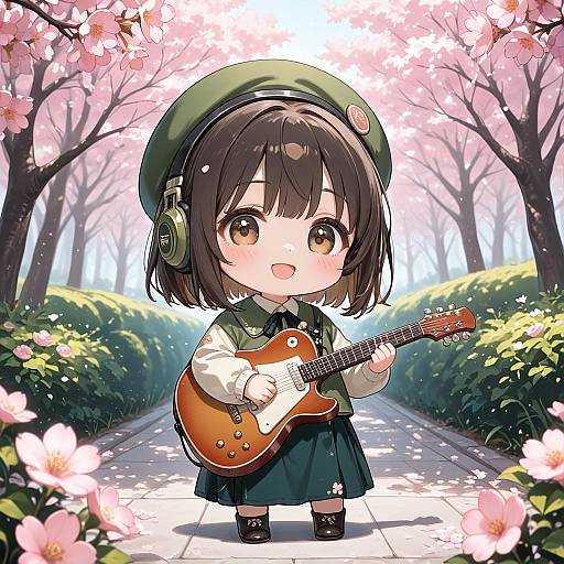 Chibi Girl Playing Guitar Under Cherry Blossoms