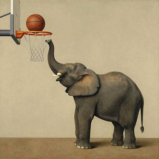 Magritte-Style Elephant Dunking a Basketball