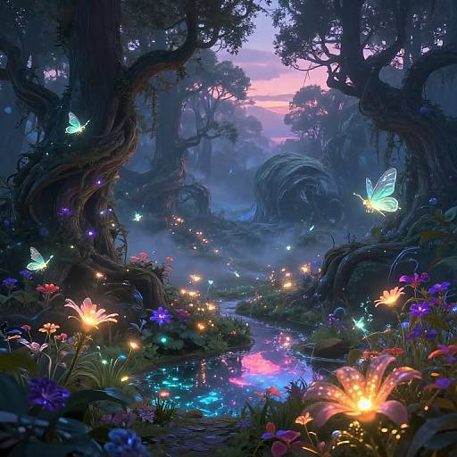 Enchanting digital fantasy forest at dusk, glowing butterflies, colorful fireflies, vibrant flowers, mystical trees, winding stream reflecting neon lights.