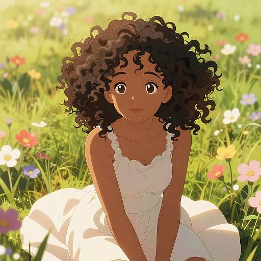 Curly Hair Anime Girl in Meadow