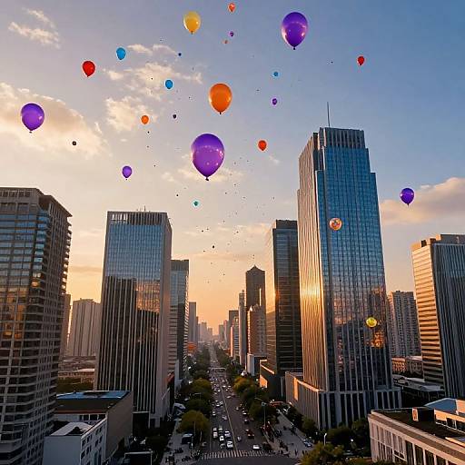 Photograph of a cityscape at sunset with tall, reflective skyscrapers and colorful hot air balloons floating in the sky.