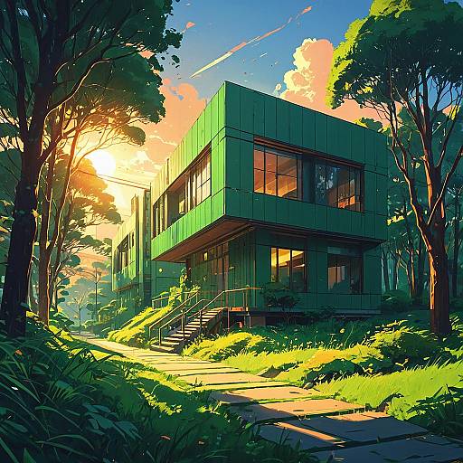 Modern Green Architecture at Sunset