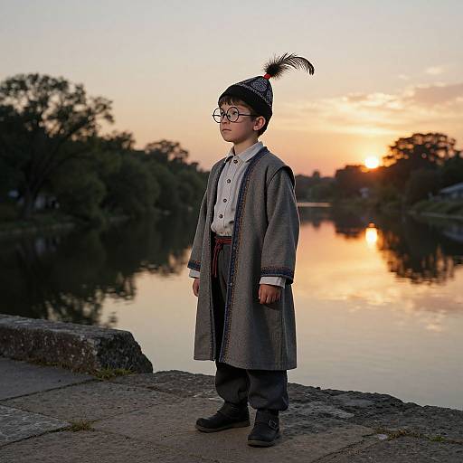 Thoughtful Boy on Stone Bridge at Sunset
