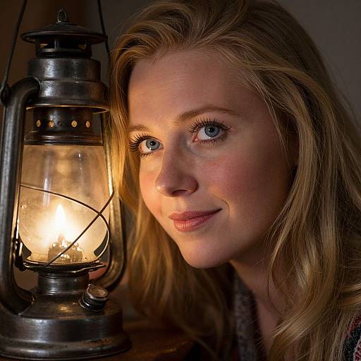 Photograph of a blonde woman with blue eyes, soft smile, illuminated by a vintage lantern's warm light, against a dark background.