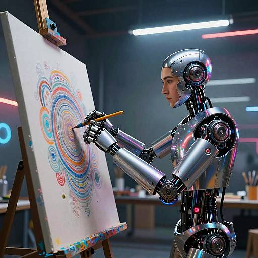 Cyberpunk Robotic Painter Creating Murals