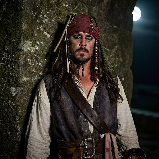 Photograph of a rugged pirate with long dark hair, red bandana, blue eyes, white shirt, and dark vest, standing against a mossy