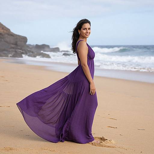 Woman in Flowing Lila Gown on Beach