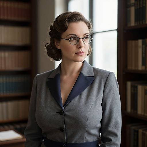 Photograph of a fair-skinned woman with wavy brown hair, wearing glasses and a grey blazer with a navy collar, standing in a dim
