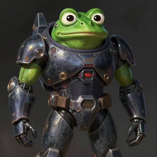 CGI image of a green frog wearing detailed, metallic sci-fi armor with glowing red buttons, against a dark background.