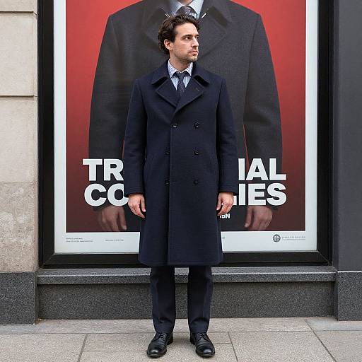 Photograph of a man in a long black overcoat, standing in front of a red and black movie poster with 