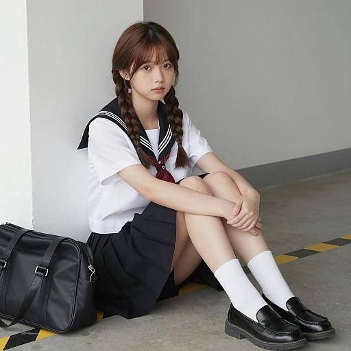 Young Girl in Sailor School Uniform Sitting Indoors