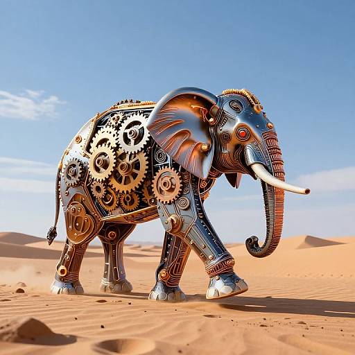 Digital artwork of a steampunk elephant with gears, cogs, and mechanical parts walking in a bright, sandy desert under a clear blue sky.