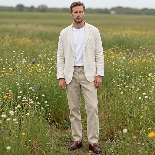Photograph of a bearded man with short brown hair, wearing a white blazer, white shirt, beige pants, and brown shoes, standing in