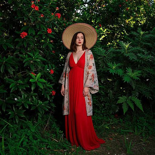 Photograph of a fair-skinned woman with dark brown hair, wearing a red dress, floral kimono, and straw hat, standing amidst lush green