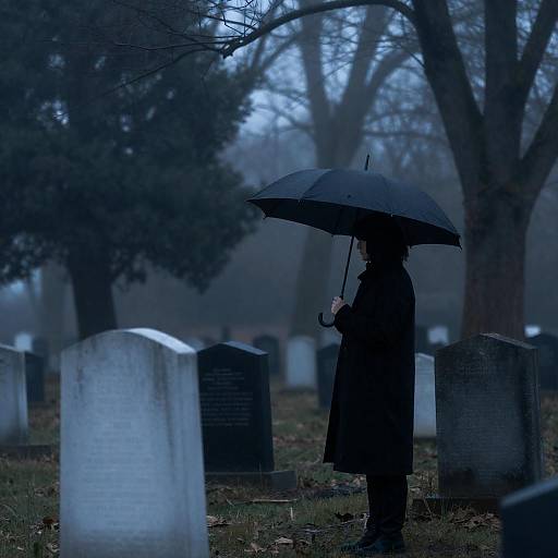 Silhouetted Person with Umbrella in Foggy Cemetery