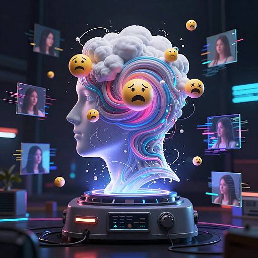 Digital CGI artwork of a glowing, white, cloud-like head with colorful, swirling neon lights and emoticon faces floating above. Photos of a woman surround