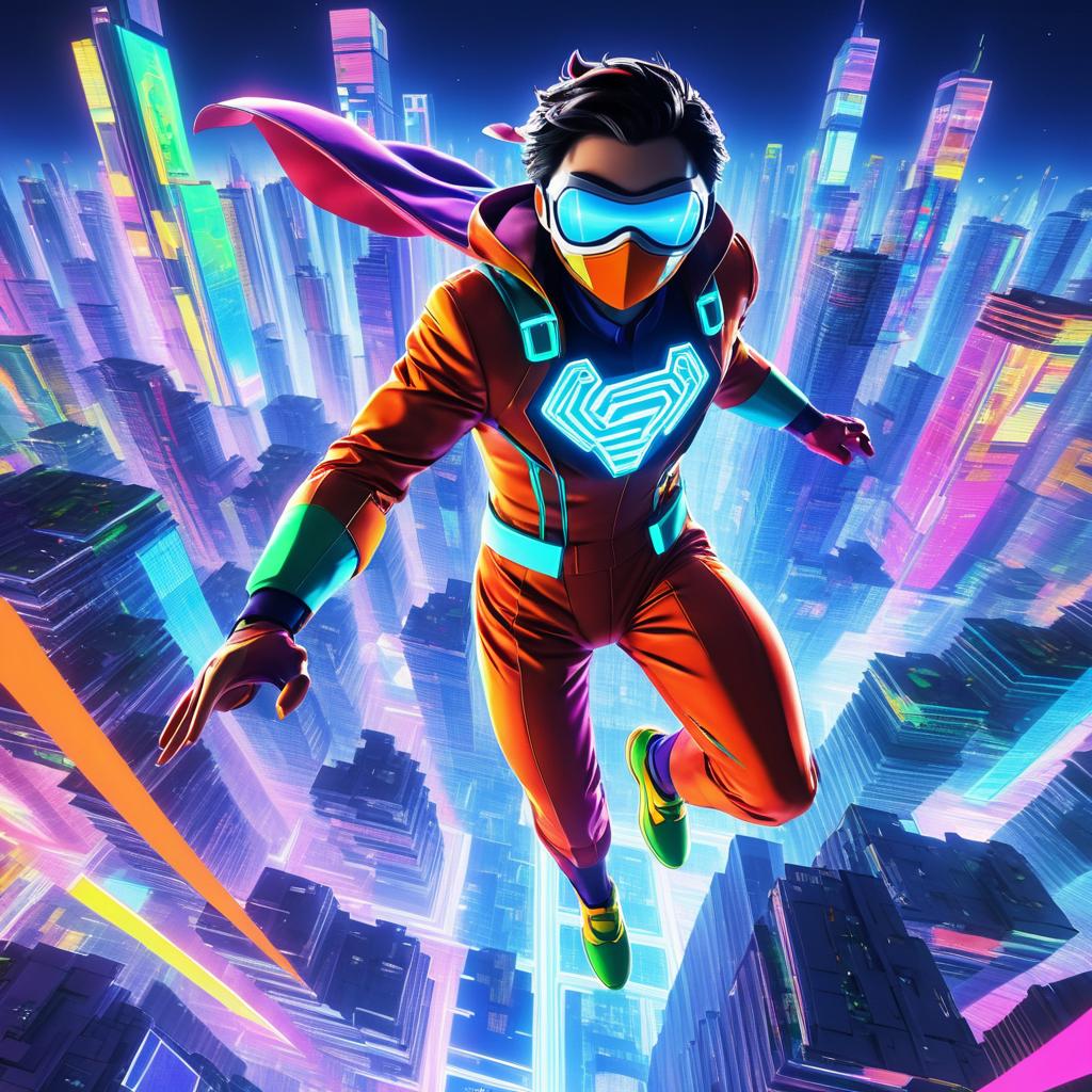 Hero Soars Over Neon Cityscape