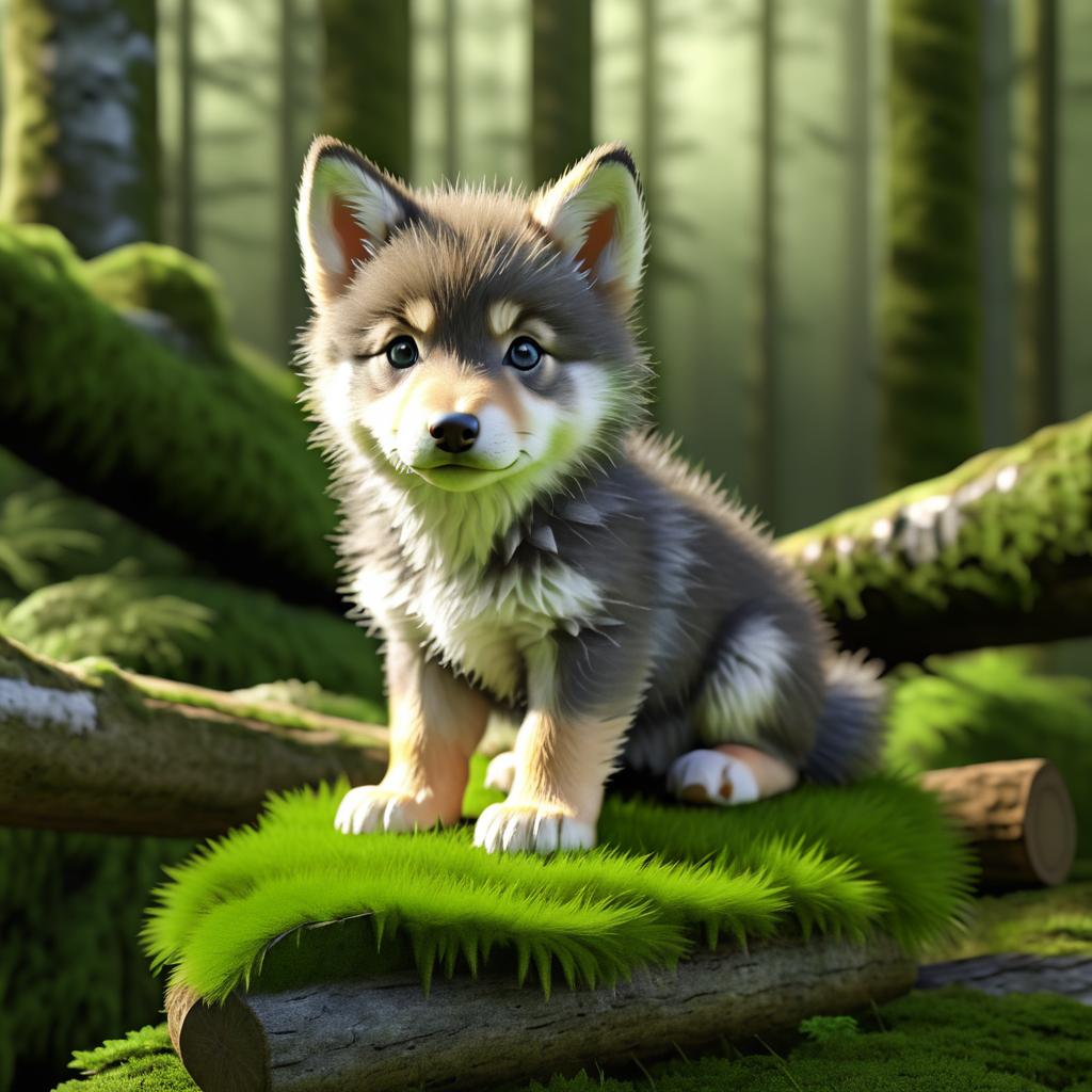 Photorealistic Baby Wolf Pup in Woodland