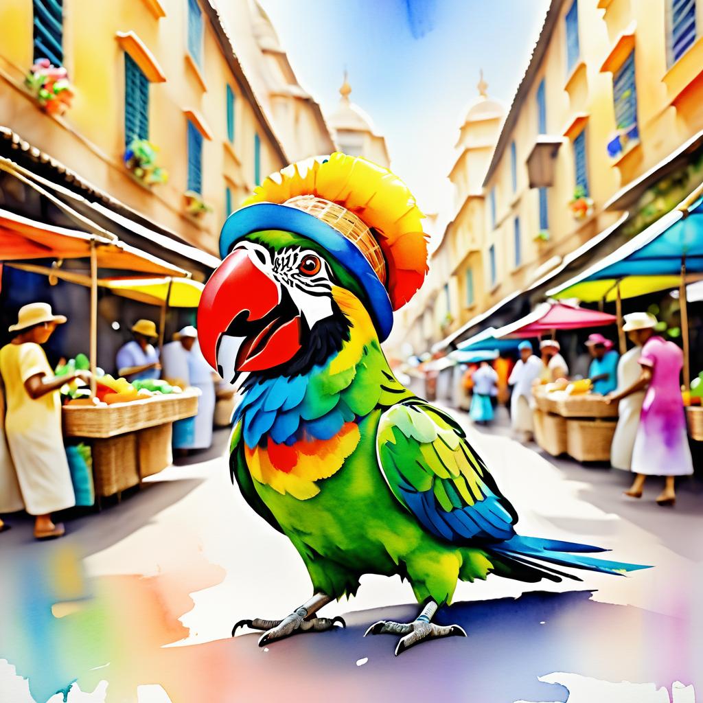 Whimsical Parrot in a Market Scene