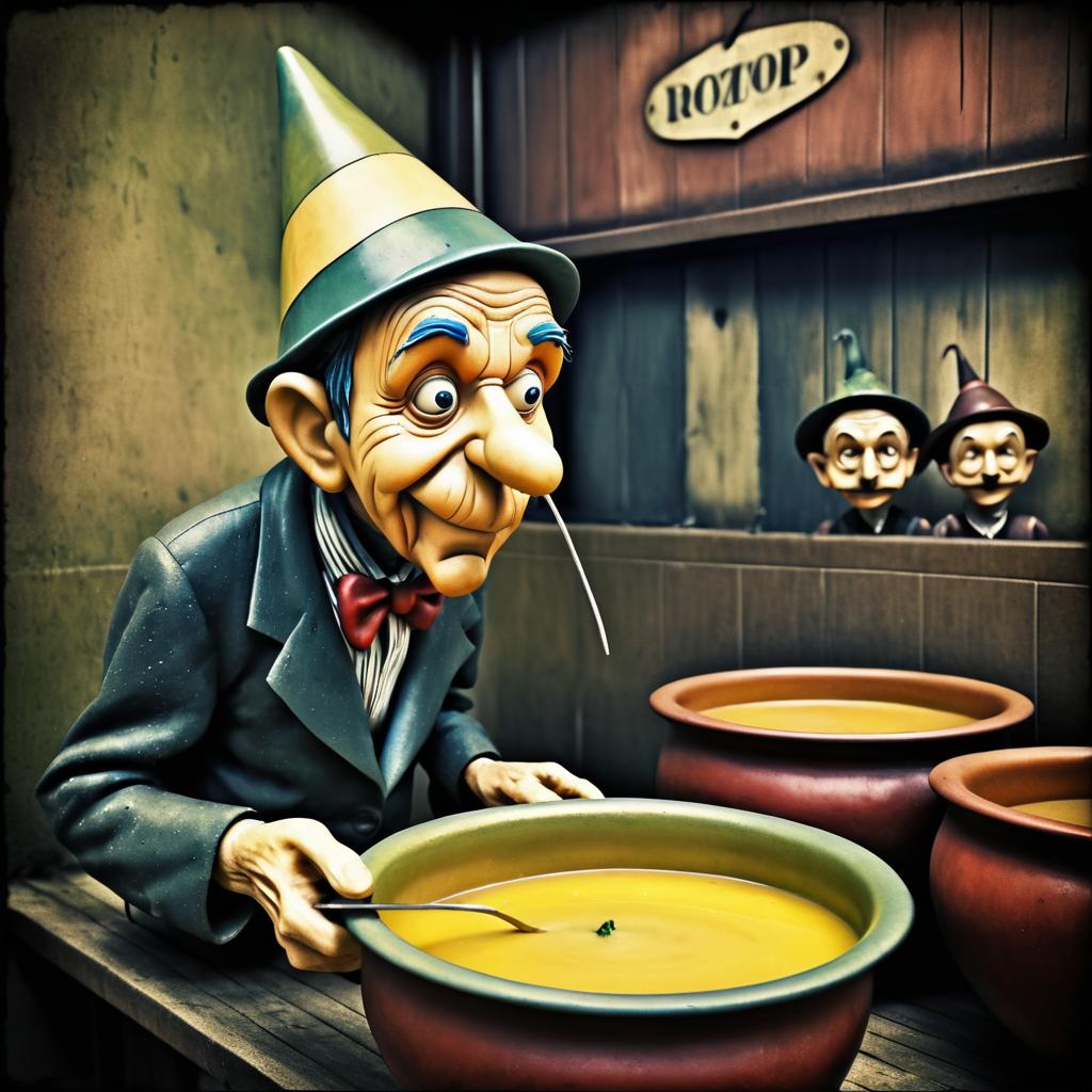 Demented Pinocchio in a Soup Line