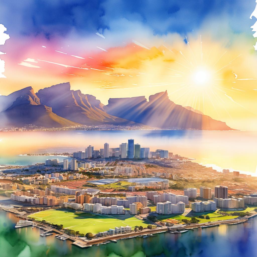 Cape Town Sunset Skyline in Watercolor