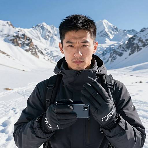 Photograph of an Asian man with short black hair, wearing black winter gear, holding a smartphone in snowy mountain background.