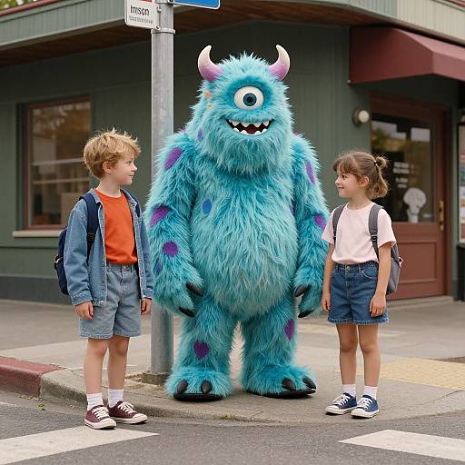 Photograph of two children, one boy and one girl, standing beside a blue, furry, monster costume character on a street corner.